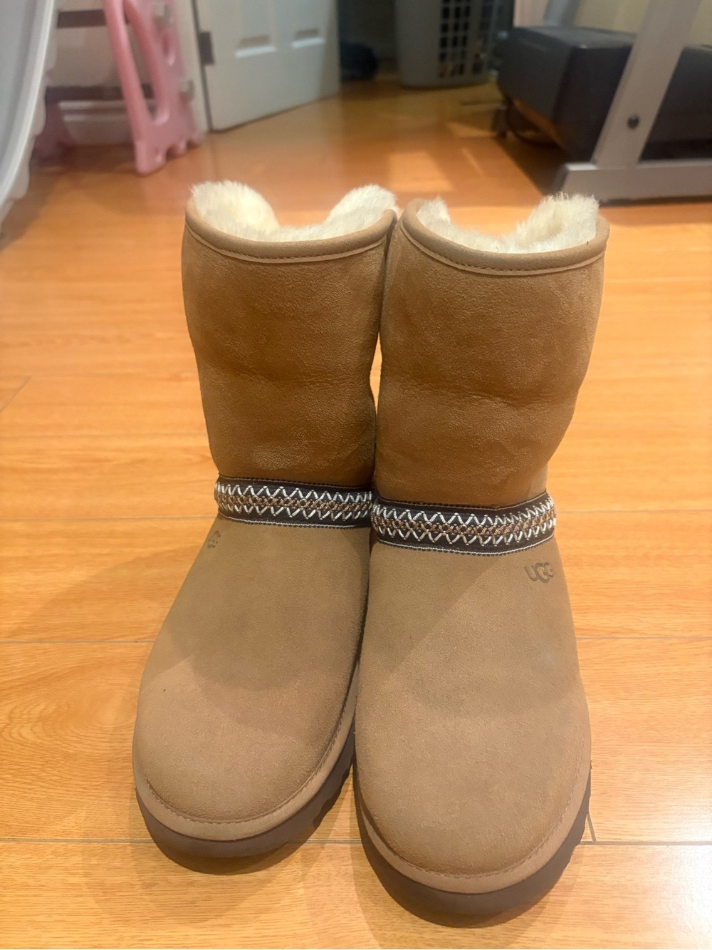 UGG Chestnut Short Suede Shearling Boots with Trim